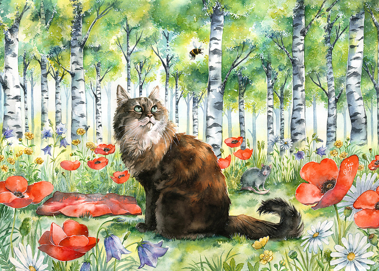 Print - Cat on a Flower-Filled Forest Clearing