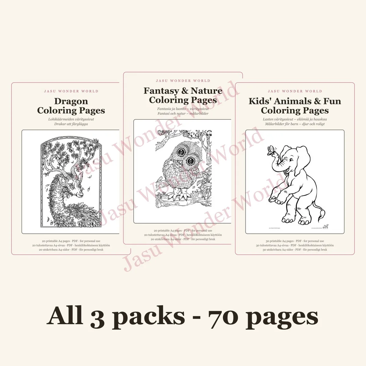 All 3 Coloring Page Packs - Printable PDF Bundle (70 pages)