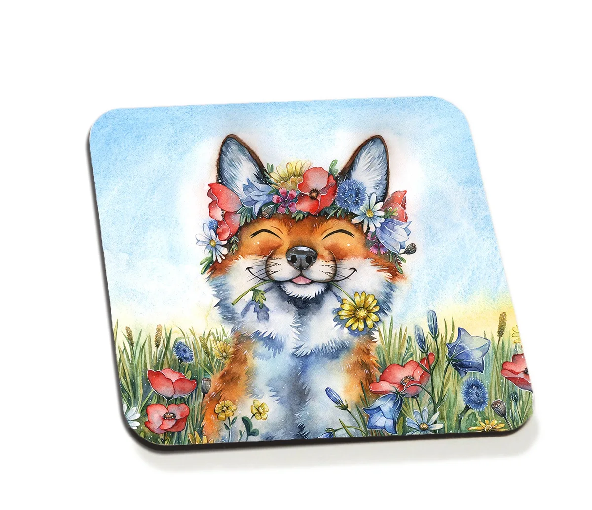 Räv med blomsterkrans