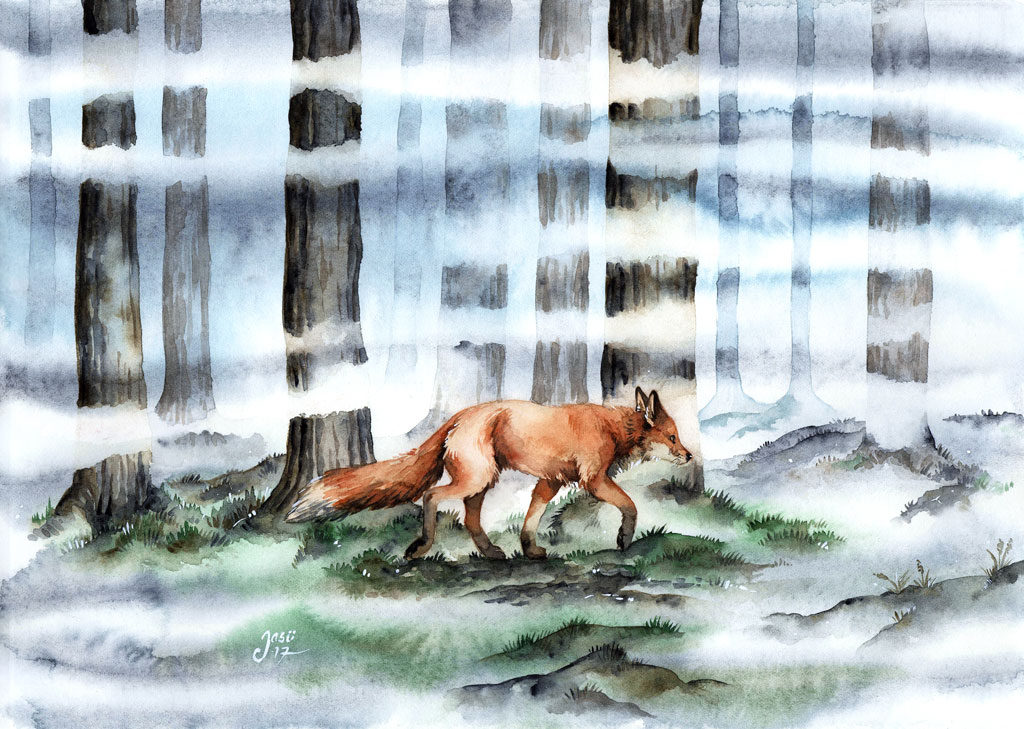 Fox in a Misty Forest