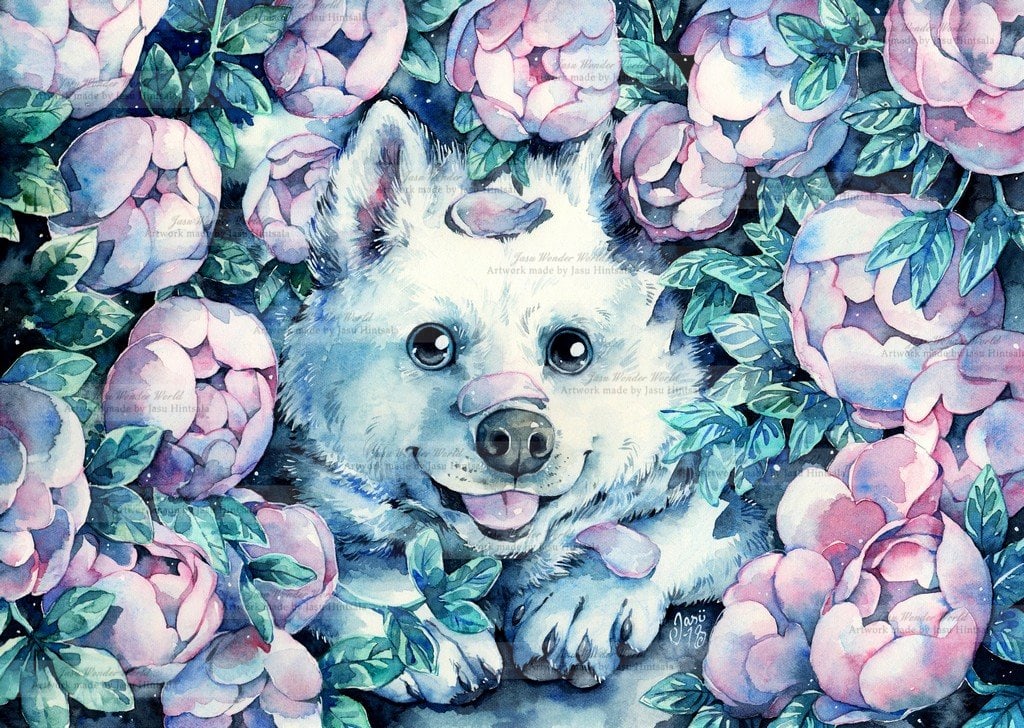 Samoyed Surrounded by Flowers